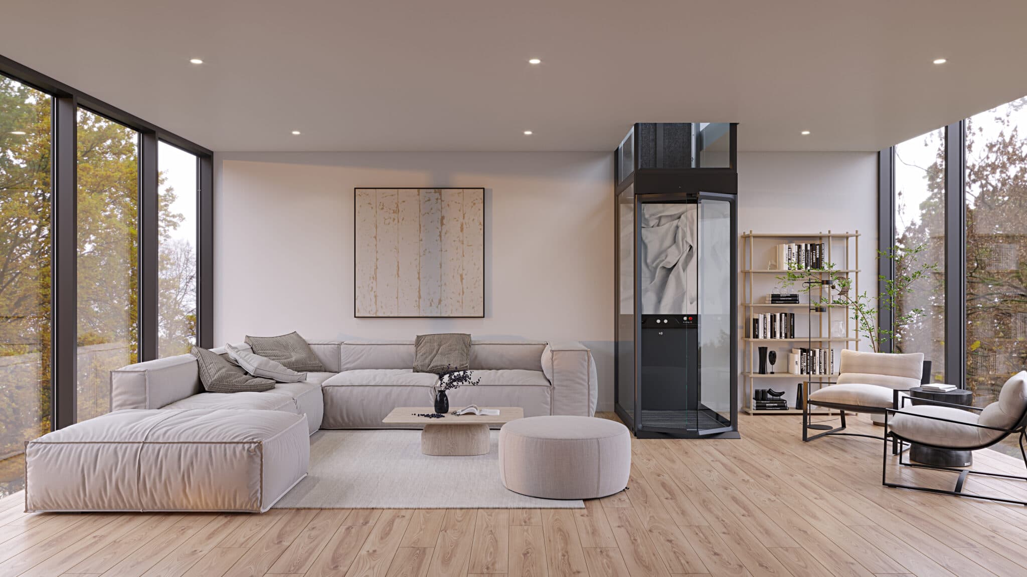 Ascenseur privatif installé dans le salon d'une maison